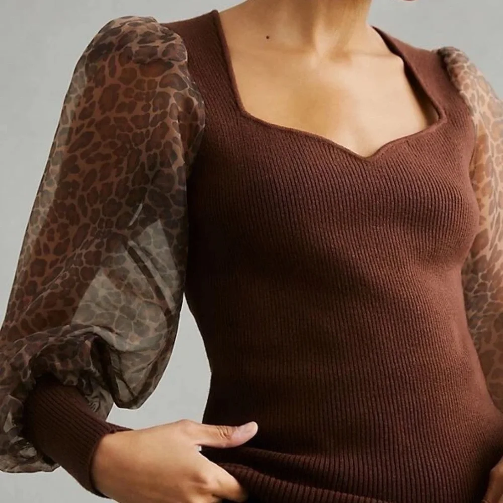 BNWT Anthropologie DOLAN Cheetah/Leopard Puff-Sleeve Sweater Top - Picture 2 of 5